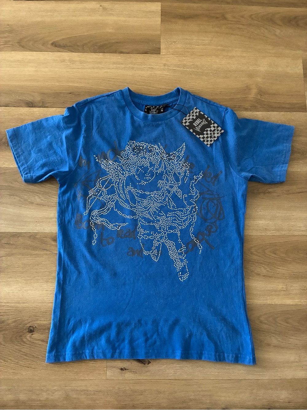 Rebel Vengeance Rhinestone Graphic T-Shirt Blue NWT Y2K Streetwear Grunge